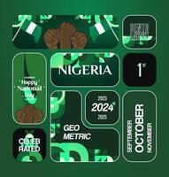 Square background with geometric ornaments in bento box layout to celebrate Nigerian national day with country flag and raised hands vector