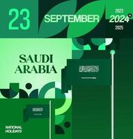 Gradient green banner design for Saudi Arabia National Day with flag and modern geometric elements. vector