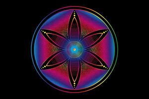 Seed Flower of life lotus icon, logo mandala sacred geometry, Pixel art design, light spectrum symbol of harmony and balance. Mystical talisman, round design isolated on black background vector