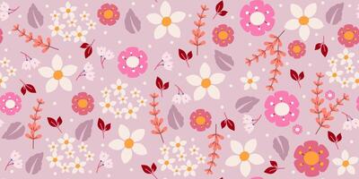 Seamless Pattern with Pink Cute Flowers and Leaves. Background with doodle nature elements. Perfect for print textiles, fashion, covers, notebooks. vector