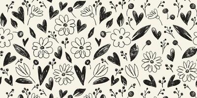 Hand drawn Seamless Pattern with Cute Flowers, Leaves and Berries. Simple grunge botanical background. One line chamomile flower. Children sketches scattered on a white background vector
