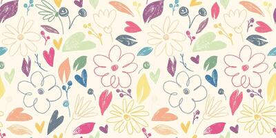 Hand drawn Seamless Pattern with Cute Flowers, Leaves and Berries with Pastel Colors. Simple grunge botanical background. One line chamomile flower. Children sketches scattered on a white background vector