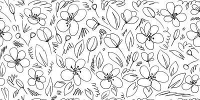 Seamless Pattern with Cute Flowers, Leaves and Berries. Simple grunge botanical background. One line chamomile flower. Children sketches scattered on a white background vector