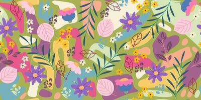 Seamless Pattern with Cute Flowers and Leaves and Abstract Pastel Shapes. Messy nature background with spring modern botanicals. Perfect for print, fashion, covers, notebooks vector
