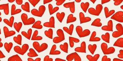 Seamless Pattern with Red Hearts on a White Background in Hand drawn Flat Style. Romantic monochrome chaotic design with simple love icons vector