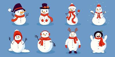 Cute Collection of Cartoon Snowman Icons, decorated with Scarfs, Hats and Gloves. Funny simple Christmas characters isolated on blue background in hand drawn flat style. vector