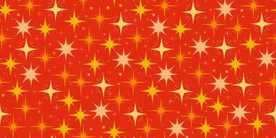 Star Seamless Pattern with Flat Sparkes Symbols on a Red Background. Cute design with glowing lights. Modern holiday design with different star shapes vector
