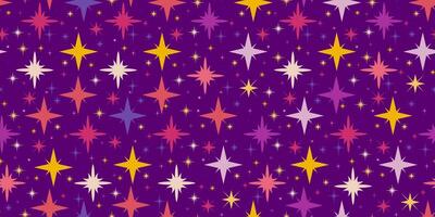 Colorful Star Seamless Pattern with Flat Sparkes Symbols. Cute background with glowing lights. Modern holiday design with different star shapes vector