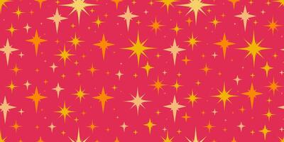 Golden Star Seamless Pattern with Flat Sparkes Symbols. Cute background with glowing lights. Modern holiday design with different star shapes vector