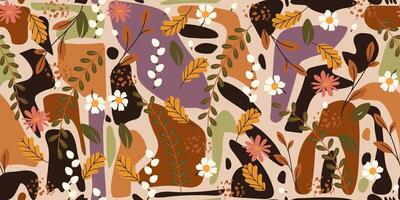 Seamless Pattern with Cute Flowers and Leaves. Background with abstract bulky shapes in vintage colors. Spring modern botanicals. Perfect for print, fashion, covers, notebooks vector