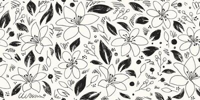 Black and White Hand drawn Seamless Pattern with Cute Flowers, Leaves and Berries. Simple grunge botanical background. One line chamomile flower. Children sketches scattered on a white background vector