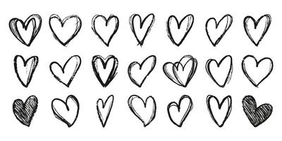 Collection Grunge Black Hearts with Abstract Shapes Drawn with Crayons and Markers Isolated on White Background. Set of romantic rough symbols vector