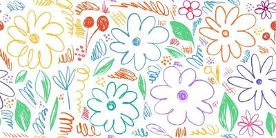 Doodle Seamless Pattern with Cute Flowers, Leaves and Berries. Simple grunge botanical background. One line chamomile flower. Children sketches scattered on a white background vector
