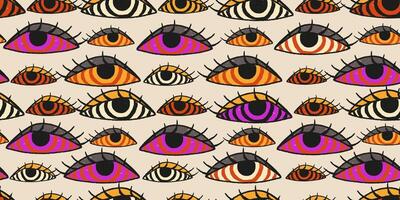 Seamless Pattern with Abstract Psihedelic Eyes with Grunge Effect and Hand Drawn Decorations. Retro creative background vector