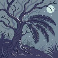 A cartoon illustration of a tree in the night vector