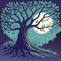 A tree with leaves and moon in the background vector