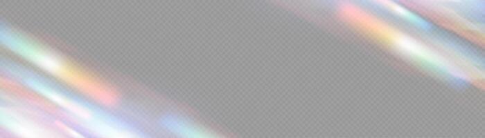 Iridescent crystal leak glare reflection effect. Optical rainbow lights, glare, leak, streak overlay. falling confetti. colorful lenses and light flares with effects. vector