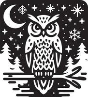 An owl sitting on a branch in snowflacks. vector