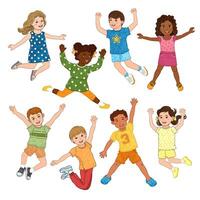 Textured Colorful Illustration Set of Happy Children Jumping Isolated on White Background vector