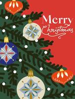 Merry Christmas and Happy New Year retro greeting card. Vintage Xmas design with typography and a Christmas tree with a garland and tree toy on a red background vector