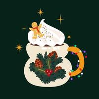 Christmas mug of cocoa with marshmallows, whipped cream and cute gingerbread. Design for Christmas and New Year card, poster, banner, postcard, print vector