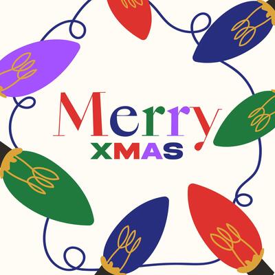 Winter holiday greeting card. Christmas decorative light garland and colorful inscription. Holiday LED bulb strand for magic festive prints