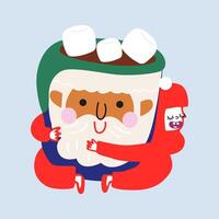 Retro Christmas coffee cup and character sticker. Design elements perfect for cafe menu, coffee shop posters. Cute hand drawn character hugging a cup of cocoa with marshmallows vector