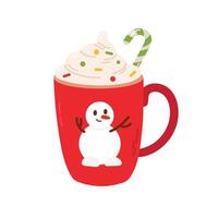Festive red mug with a snowman and whipped cream topped with sprinkles and a candy cane vector