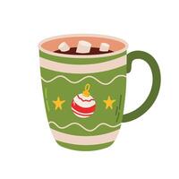 Green Christmas mug with ornaments and topped with marshmallows in hot cocoa vector