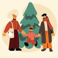 Family standing on the street at the christmas tree. Happy people. Illustration in flat style vector