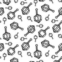Hanukkah digital seamless pattern. Endless ornament with black silhouettes of dreidels with letters A great miracle happened here, there. Print, background design, papers, wrapping, packaging vector