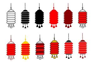 Red paper lantern icon collection. Rectangular lamp with tassels, different styles. Simple clipart. Lantern festival, Chinese, Lunar New Year, festival holidays. Asian, oriental, design art elements vector