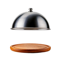 Silver serving cloche raised above the empty wooden plate for food display png