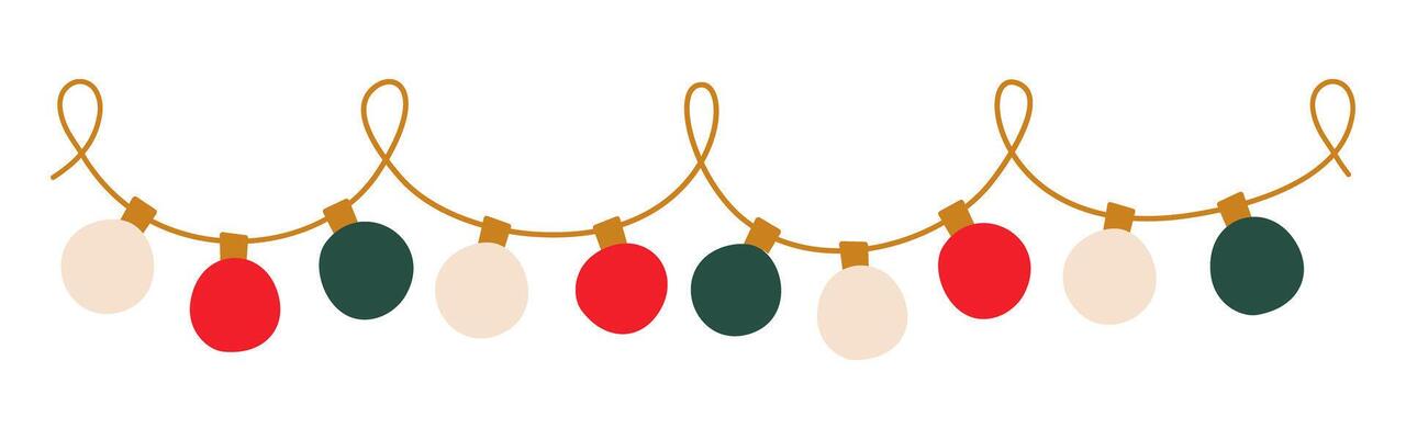 Christmas lights garland with colored bulbs. Xmas festive string decoration with hanging retro ball. Glowing string with lamps for holiday cards, banners, posters, web. illustration.