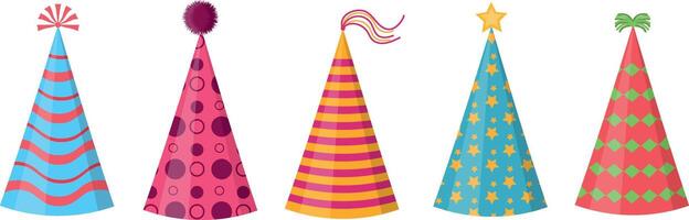 Set of birthday caps in different colors and with different patterns. vector