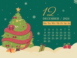 merry christmas and happy new year december calendar, snake and christmas tree, winter calendar design vector