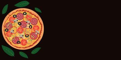 Pizza with green leaf decoration on the side on a background with empty space. vector