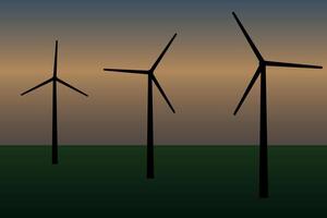 Wind generators, turbines against sunset background. vector