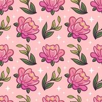 Charming pink floral design in a kawaii style, adorned with lively green leaves. Ideal for use as wallpaper, fabric, packaging, or backgrounds, adding a delightful touch to any project. vector