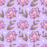 An adorable purple kawaii floral design adorned with vibrant green leaves and stars. Ideal for use as wallpaper, fabric, packaging or background, adding a delightful touch to any project. vector