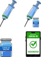 Cartoon Medical Syringe Vaccine Bottle And Certificate Of Vaccine App. Collection Set vector