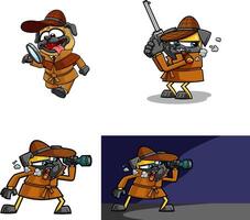 Detective Pug Dog Cartoon Character. Hand Drawn Collection Set vector