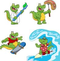 Alligator Or Crocodile Cartoon Character Different Poses. Hand Drawn Collection Set Isolated On White Background vector