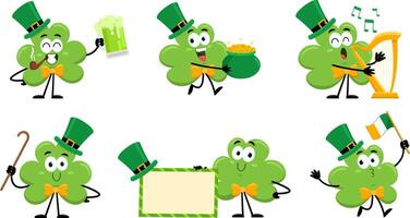 St. Patrick's Clover Leaf Cartoon Character. Flat Design Collection Set vector
