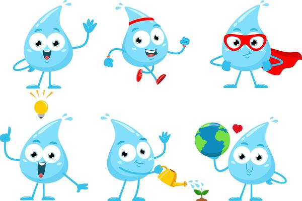 Blue Water Drop Cartoon Character. Flat Design Collection Set