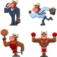 Bull Cartoon Mascot Character Different Poses. Hand Drawn Collection Set vector