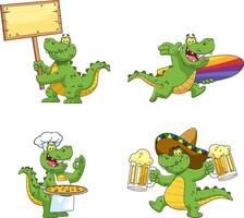 Alligator Or Crocodile Cartoon Character Different Poses. Hand Drawn Collection Set vector