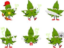 Funny Marijuana Leaf Cartoon Character. Flat Design Collection Set vector