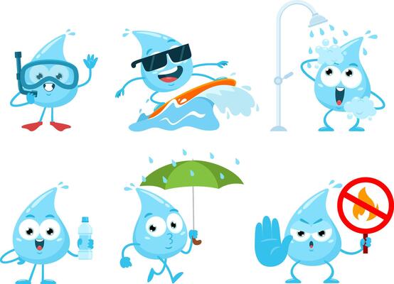 Blue Water Drop Cartoon Character. Collection Set