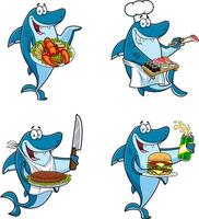 Shark Chef Cartoon Mascot Character Different Poses. Hand Drawn Collection Set vector